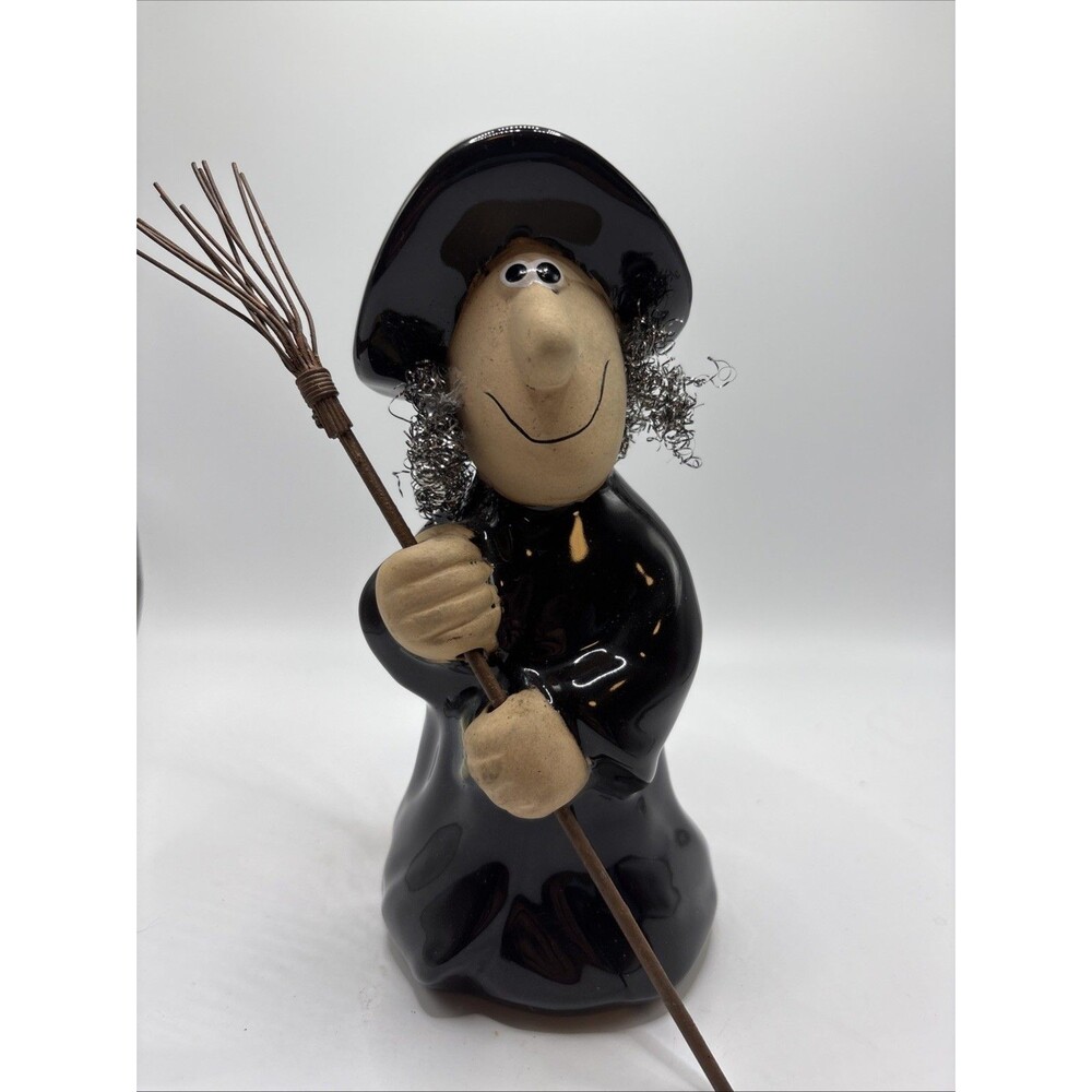 Ceramic Witch w/ Metal Broom, Funny Face